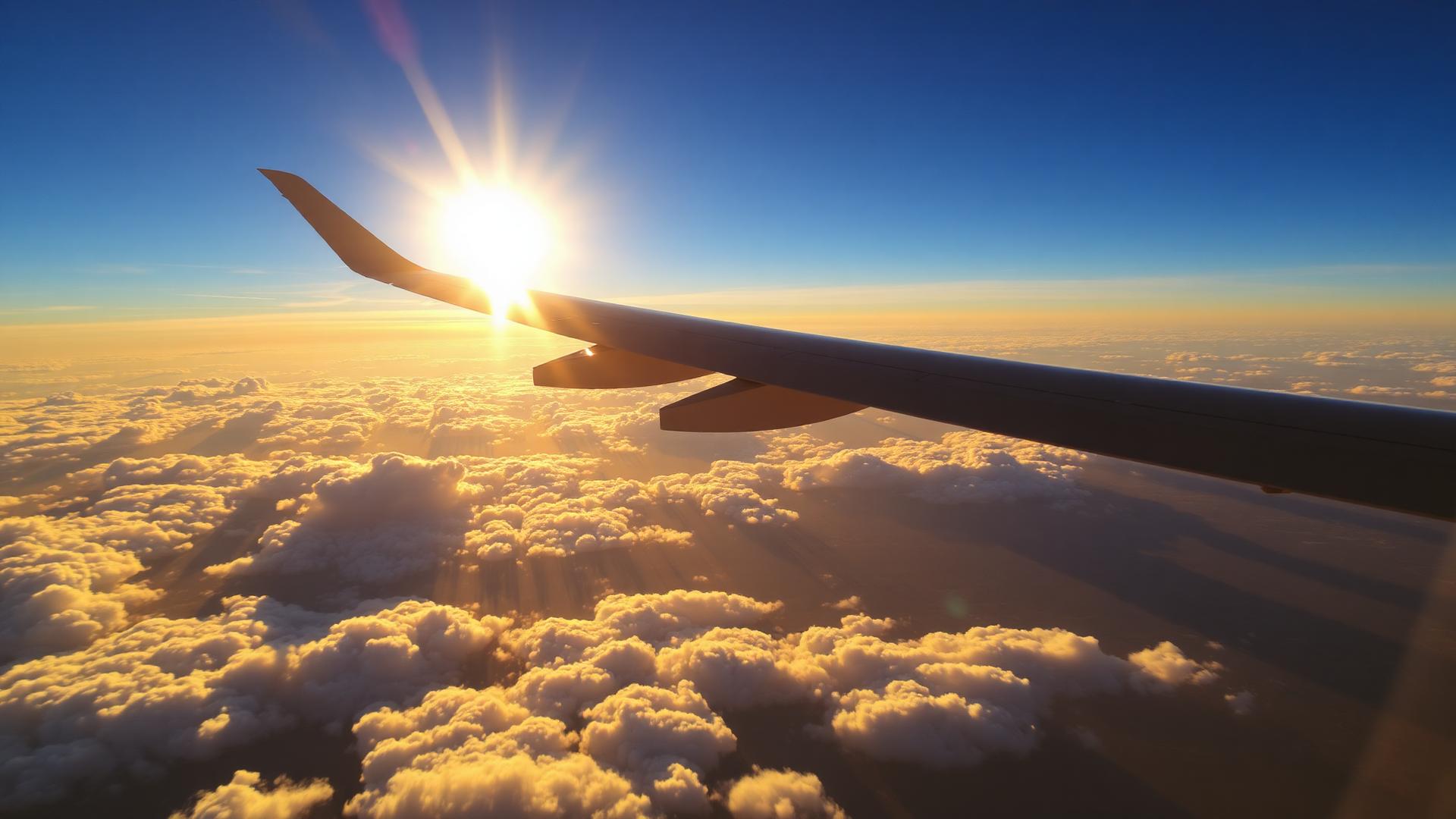 Airplane wing above golden sunset clouds